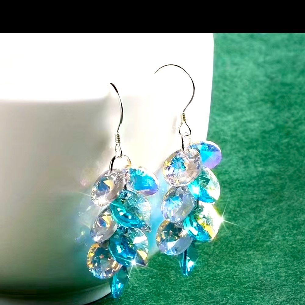 Blue and clear round crystal layered 925 sterling silver earrings